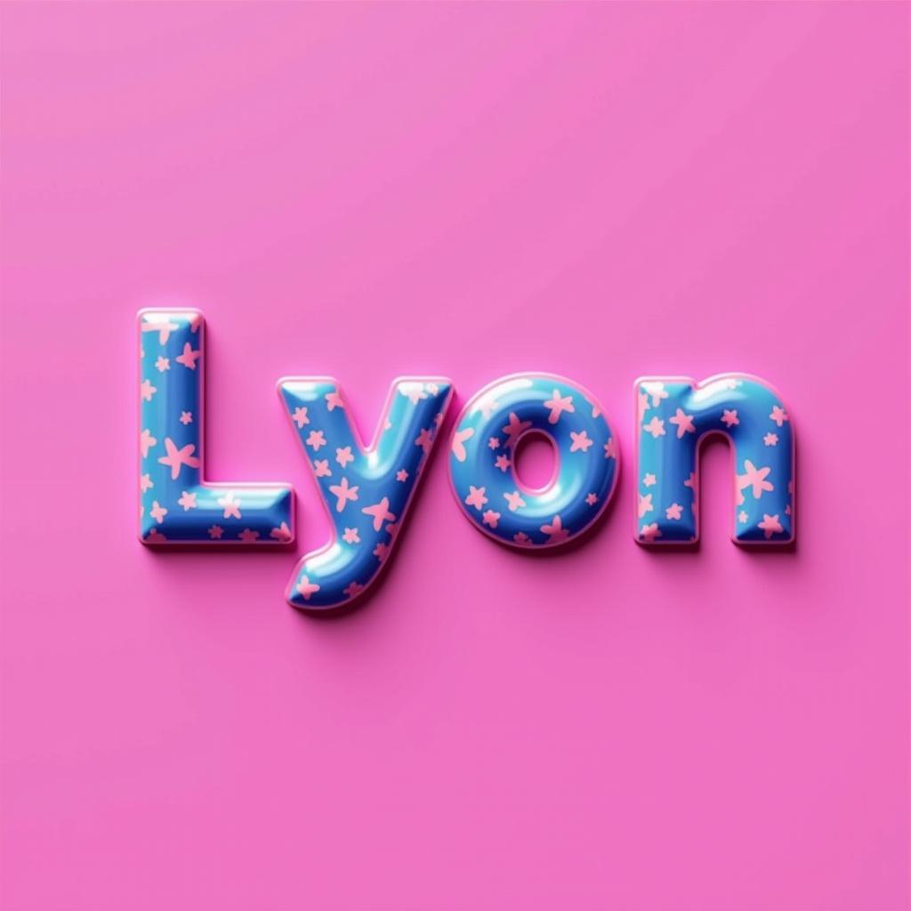 Glossy, rounded 3D letters spelling 'Lyon'. Vibrant pink and blue colors. Bold pink background.