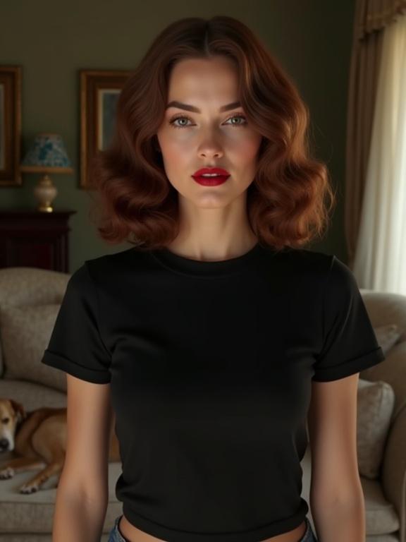 Photorealistic model stands in vintage living room. She has chestnut brown waves and bold lipstick. Wears black fitted t-shirt. Dog sleeps on couch behind her. Front lighting highlights her features. Framed above the knees.