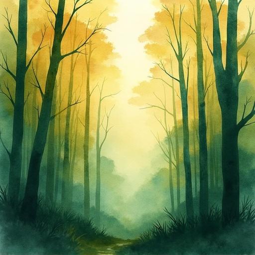 A hand-painted forest scene with fluid brushstrokes. Watercolor tones shift from gold to deep green. A mystical atmosphere filled with trees and mist.