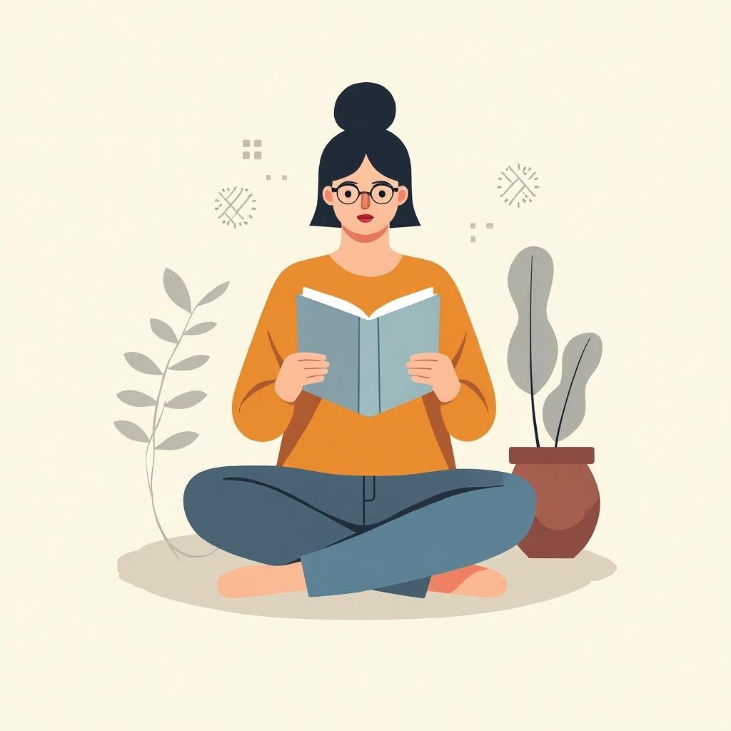 Flat design illustration of a woman sitting cross-legged reading a book. The image uses a specific color palette. She is surrounded by plants and has a relaxed posture.