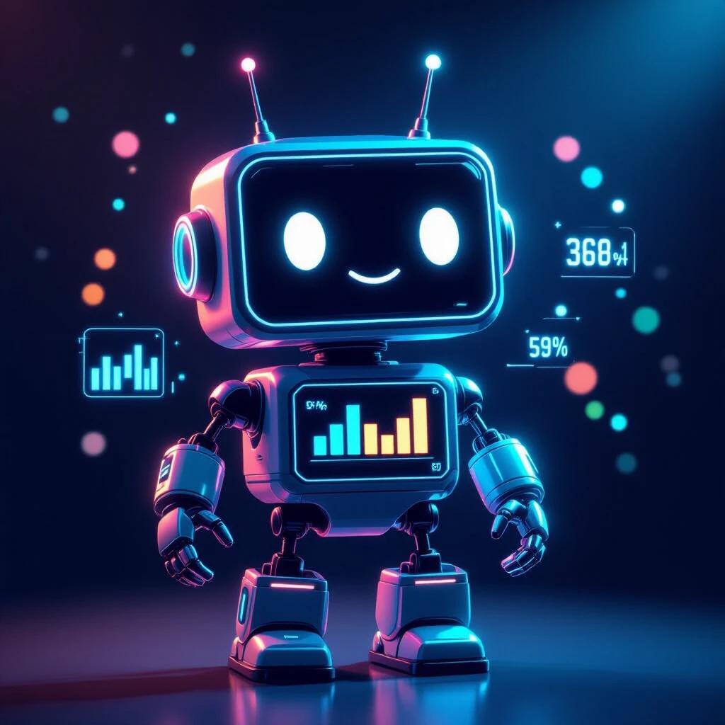 Logo design featuring a cute retro robot with a rectangular head. Glowing neon sky-blue outlines. Two antennas extend from the top. Body displays bar charts. Rectangular feet and arms with claw hands. Soft matte black background with spotlight lighting. Glowing numbers and bokeh elements. Design combines influences of Yoshitaka Amano and Ashley Wood.