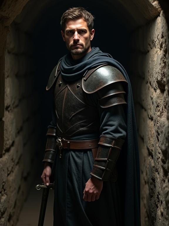 A dramatic portrait of a tall soldier in dark fantasy style. He stands in a dimly lit garrison. Worn dark leather armor layered over a grey tunic. Expression shows determination and hardship. Relaxed yet alert stance, hand on the sword hilt. Strong angular face with deep-set eyes. Muted earthy colors create a melancholic mood.