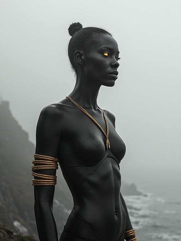 A tall woman is emerging from thick coastal fog. Her torso fuses with a sleek black lighthouse. Eyes glow faintly. Braided gold wires wrap around her arms resembling maritime cables. Digital surrealism with bold textures and Afro-futurist symbolism. The image is in grayscale with deep bronze highlights.