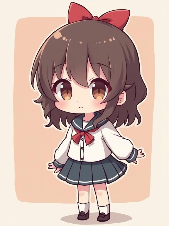 Chibi girl character in a school uniform with a mini skirt and a red bow in hair. She has short curly hair and large brown eyes. She stands in a playful pose.