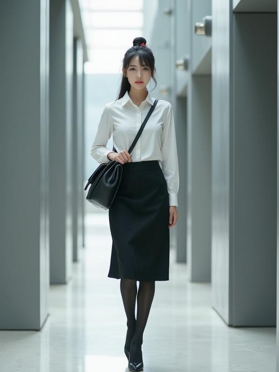 A full-body image features an East Asian female agent in an open-air building with grey walls. She wears a crisp white blouse and a black knee-length skirt. Black pantyhose and closed-toe heels complement her outfit. A black satchel is slung diagonally over her shoulder. Neatly bunned black hair has a cute red bow. The background is softly lit, creating a modern ambiance.