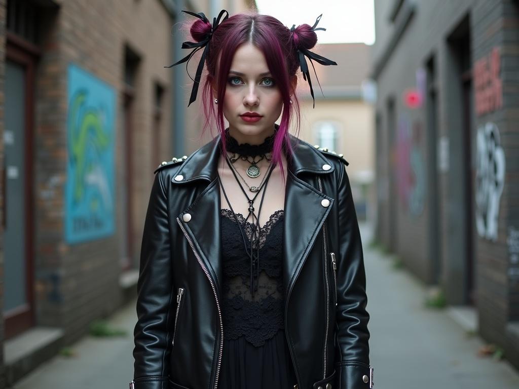 Portrait of a young Eastern European woman with blue eyes dressed in goth punk style. She has colorful hair in buns with black ribbons. She stands in an urban alley wearing a black leather studded jacket over a lace dress. Hands adorned with goth rings. Cool dark makeup enhances her look.