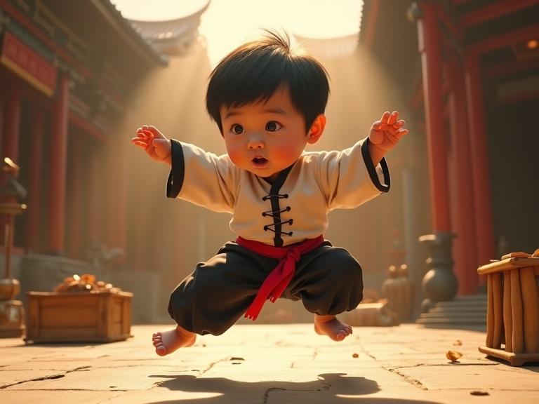 Full-length hyperrealistic caricature of baby Jackie Chan in kung fu pose on a martial arts movie set. He wears a loose black outfit with a red sash. Exaggerated features show determination and surprise. Tiny body leaps over crates. Background includes a temple and crew silhouettes. Cinematic lighting with golden rays. Rich detail and color grading.