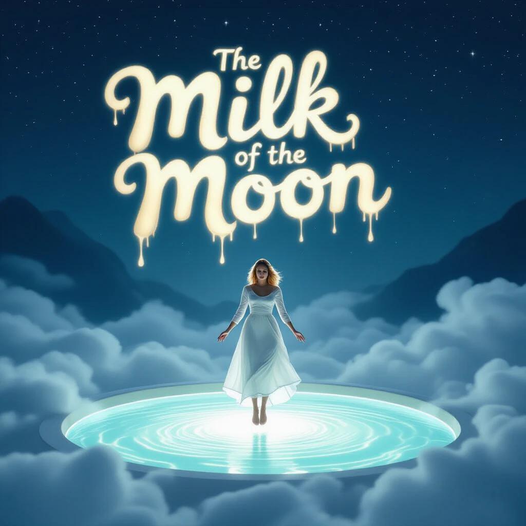 Movie poster for The Milk of the Moon. Title with cream-poured cursive, lunar glints. Jodie Comer levitates under moonlight above a glowing pool of liquid. Surreal lighting and fog create a dreamy atmosphere. 8K photorealistic composition.
