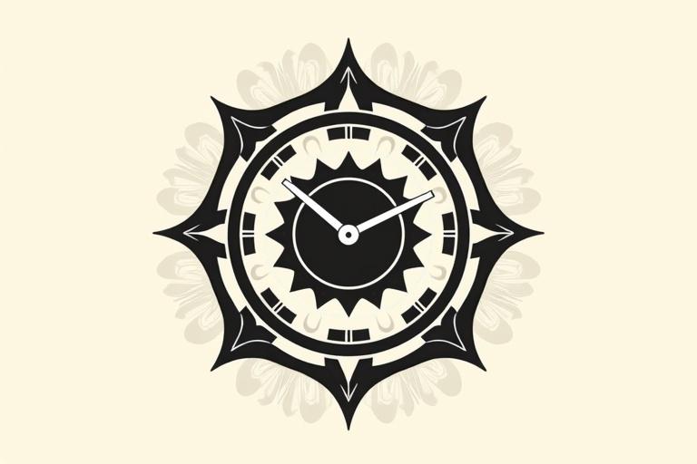 Sleek clock design in black and white inspired by Jantar Mantar observatory. Cream background features faint mandala patterns. Flat vector style with geometric lines.
