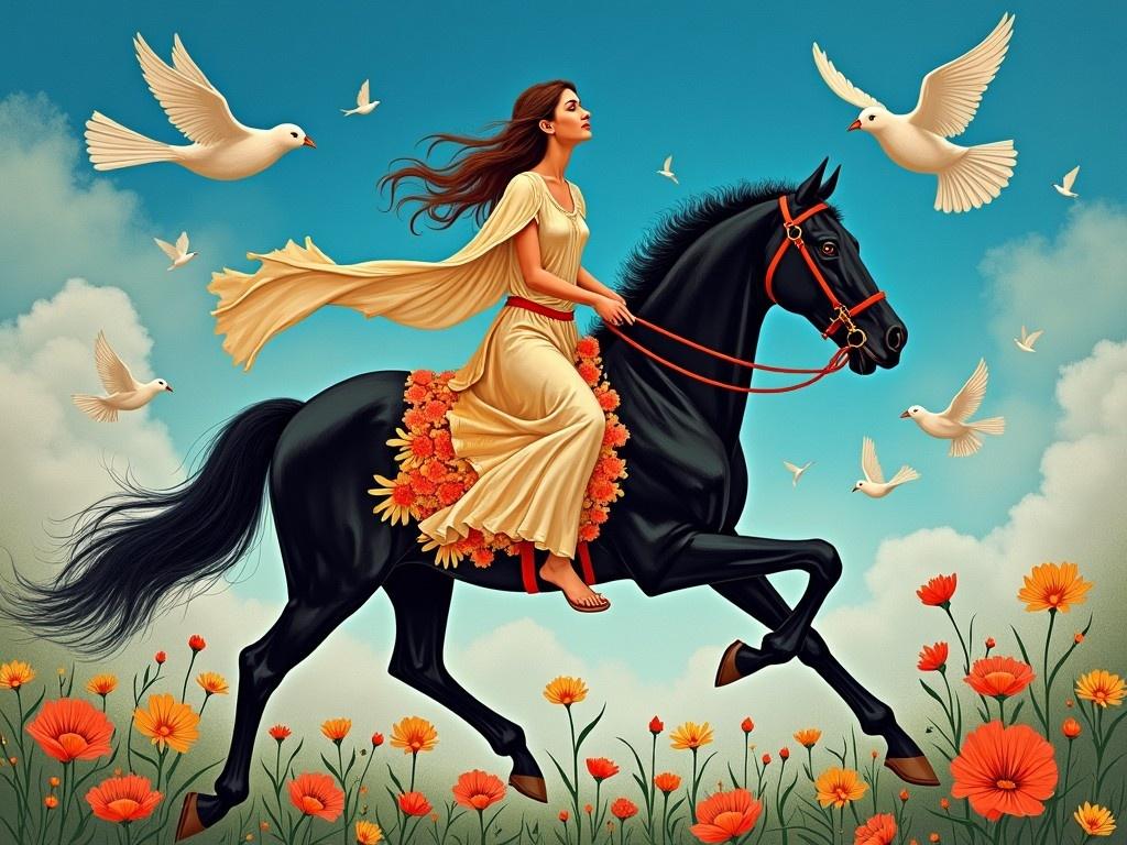 An artistic depiction inspired by Persian miniature art, featuring a woman riding a majestic black horse. The horse is adorned with vibrant flowers that dance around it, enhancing the scene's beauty. Above, white birds are flying against a bright blue sky, symbolizing freedom and joy. The woman is dressed in flowing attire, exuding grace as she navigates through a field of colorful flowers. The overall composition is lively and enchanting, capturing the essence of nature and elegance in harmony.