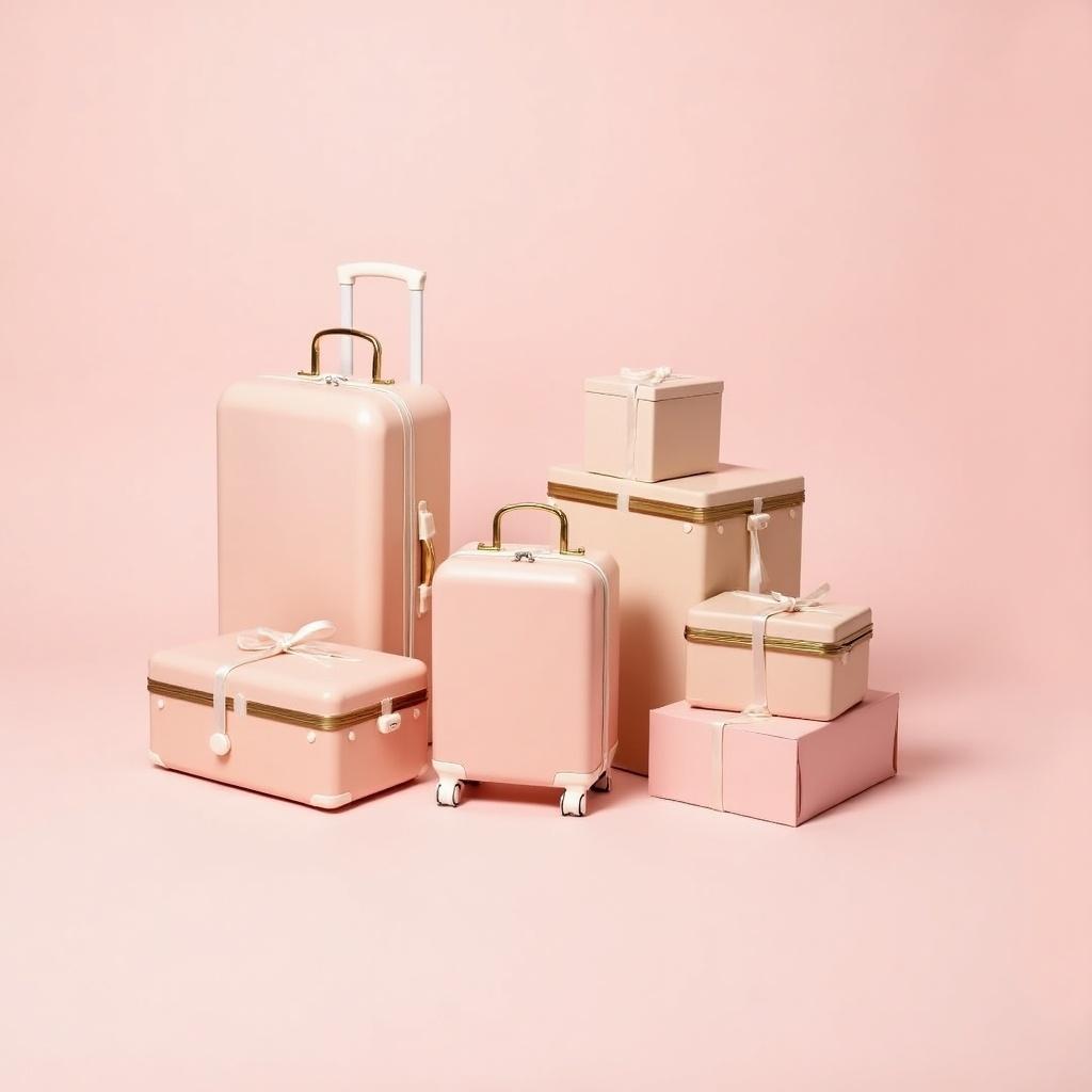 Collection of pastel pink and beige luggage and gift boxes with gold accents. Set against a soft pink background.