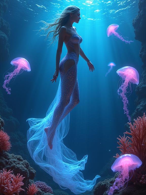 A sleek Luminocean floats gracefully underwater. Ethereal jellyfish and glowing corals illuminate the scene. The Luminocean has a metallic sheen. Its elegant form defies gravity. The image captures the blend of technology and beauty. A masterpiece of digital artistry.