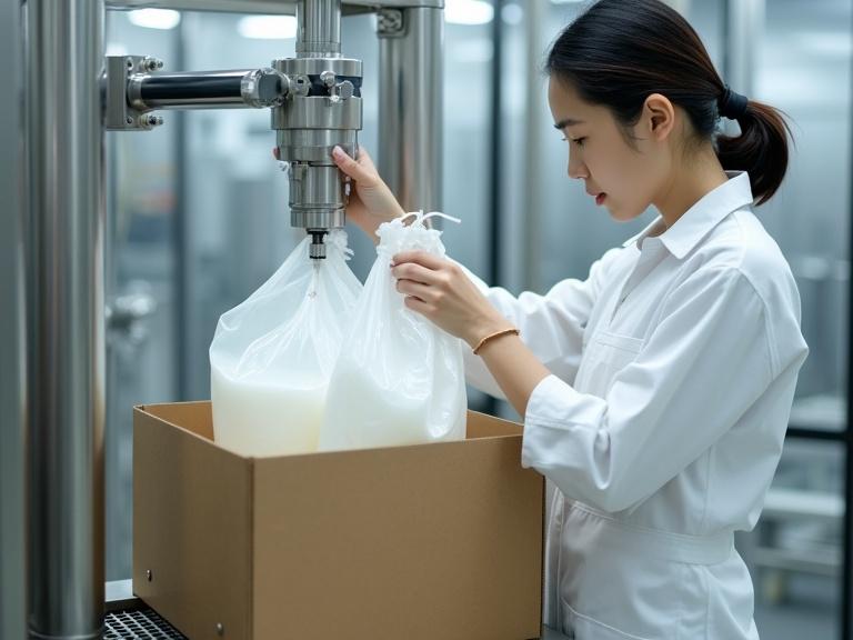 A female worker operates a liquid filling machine in a food factory. She wears clean white clothing. The machine fills a 20-liter bag-in-box. The inner bag is being placed inside a cardboard box. High-resolution realistic photo.