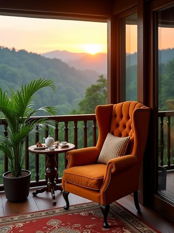Cozy indoor-outdoor setting with an armchair on a balcony. The armchair is tufted and upholstered in burnt orange. A round side table is nearby with a tea set and cookies. Two large tropical plants flank the chair. A traditional patterned rug is on the wooden floor. The balcony has large glass windows providing a view of a green valley. The sunset sky glows with warm colors over rolling hills.