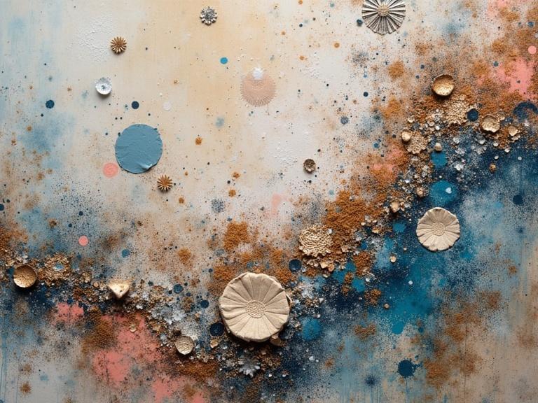 Multicolored abstract art with textured mediums. Features circular shapes and splashes of color. Elements include newspaper, jute fibers, and glitter. Soft lighting highlights the texture. Close-up view. Bioluminescent silver effects.