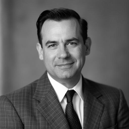 Black and white portrait of a man in a suit. Short, neatly styled hair. Confident smile. Clean background. Professional appearance.