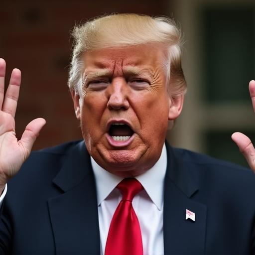 Trump displays a strong angry expression. Gesture indicates frustration. Close-up on facial features. Bright lighting highlights emotions.