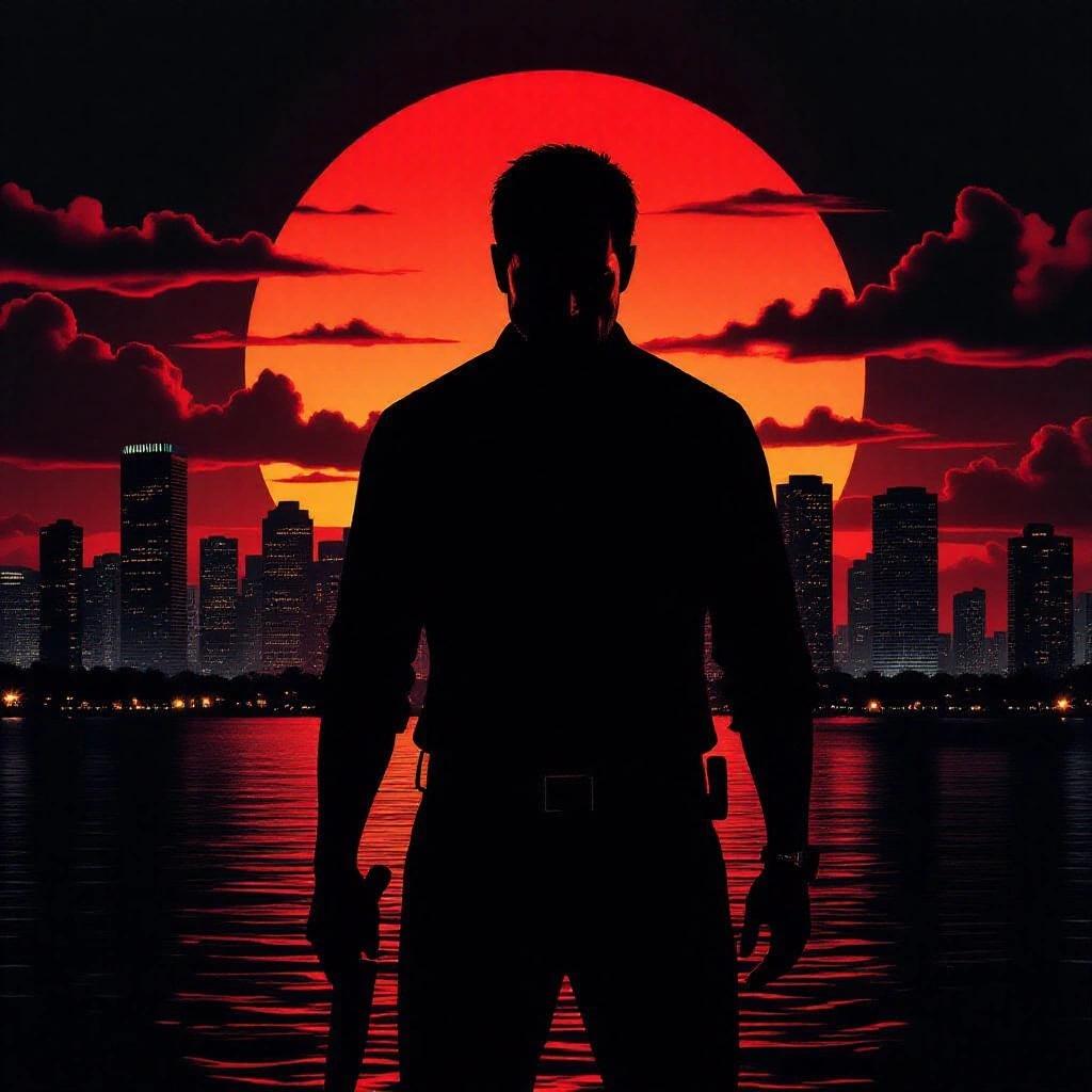 Dark Miami sunset cityscape. Ominous silhouette with knife. Evokes a mysterious and intense atmosphere. Urban skyline in the background.
