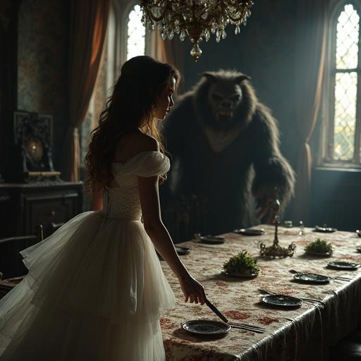 Horror-themed reimagining of Beauty and the Beast. Belle in torn wedding dress hides under an old dining table. She clutches a small dagger, expressing fear. The Beast looms behind the table, searching for her. Dark, gothic atmosphere in an abandoned castle dining room.
