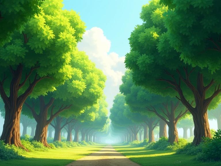 Animated grove of lush green trees dense canopies swaying in breeze realistic lighting afternoon ambiance detailed leaves bark textures animation movement