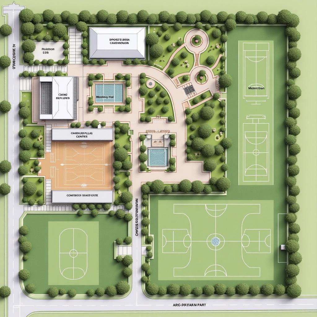 Layout plan of a sports complex. Features community center building with clinic and meeting hall. Includes labeled sports fields like Basketball Courts Tennis Courts Football field and Children's playing center with swings. Plan emphasizes green spaces and has multiple lawns and parking areas. Roads and paths show connectivity. Three triangular entrances are present. Contours indicate changes in terrain.