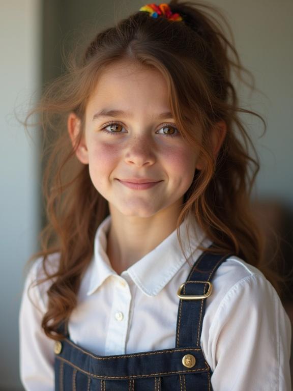 Girl with long wavy chestnut hair. Wears a messy ponytail with colorful scrunchie. Smiling with hazel eyes. Dressed in a crisp white blouse and pleated skirt. In a bright setting. Soft natural light illuminates her face.