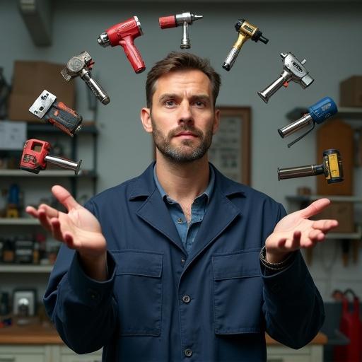 Photo of a master technician specializing in household appliance repair. Technician using telekinesis to levitate tools around them. Palms facing upwards, showcasing control over instruments. Set in a workshop with detailed tools in the background. Technician appears focused and professional, wearing appropriate attire.