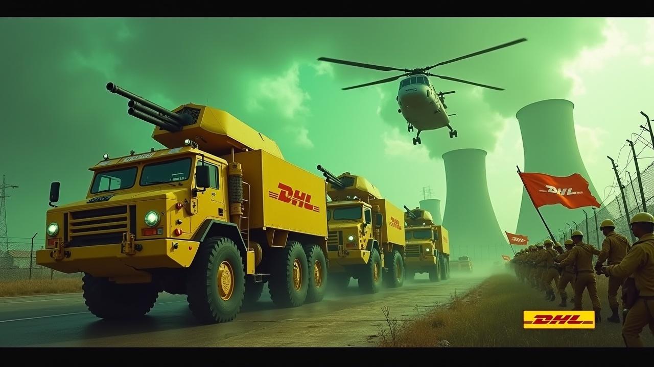 In this dramatic scene, several large yellow armored trucks equipped with roof-mounted cannons are driving along a fenced area. The trucks prominently display the DHL logo. Nearby, soldiers in yellow uniforms march in unison, some holding rifles and one carries a large DHL flag. In the background, the glowing smokestacks of a nuclear power plant are visible, adding a surreal touch to the scene. The sky is awash with an eerie green glow, and a yellow Chinook CH-47 helicopter hovers above, enhancing the tension. At the bottom is the bold, yellow DHL logo.