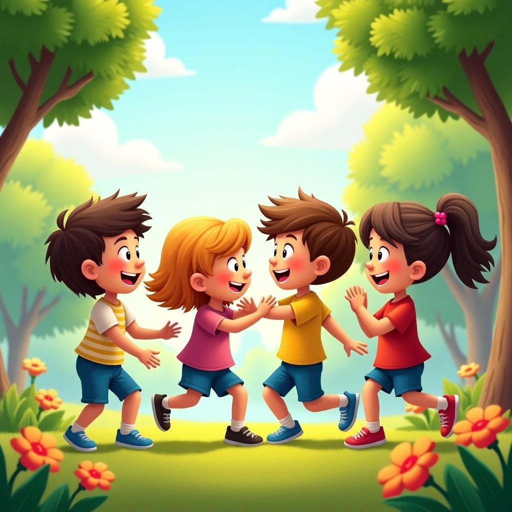 The image showcases a vibrant scene with four happy children playing together in a sunlit park. They are smiling and interacting joyfully, creating an atmosphere of friendship and fun. The background is filled with lush green trees and colorful flowers, enhancing the playful mood. Bright colors dominate the scene, from the kids' shirts to the bright blue sky. This illustration evokes feelings of happiness and childhood playfulness.