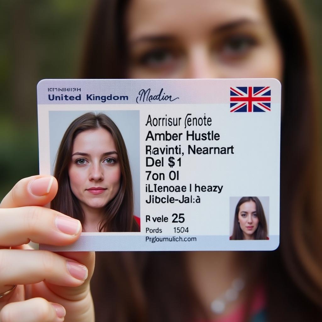 United Kingdom identification card displayed by person. Card shows name Amber Hustle age 25 with date January 1st.