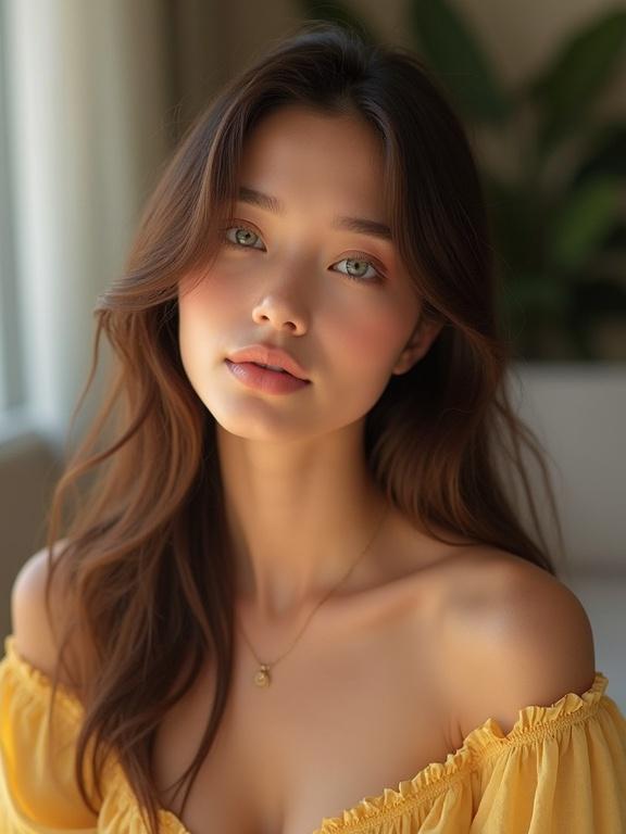 Digital photograph features young woman with radiant complexion. Long wavy brunette hair cascades over shoulders. Smooth fair skin with dewy finish. Striking blue-green eyes with natural makeup. Full lips with soft pink lipstick. Wearing delicate off-the-shoulder light yellow top. Thin necklace complements outfit. Blurred background suggests indoor setting with greenery. Overall ambiance is warm and inviting.