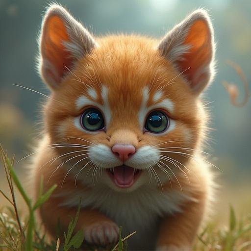A cute orange kitten with big expressive eyes smiling at the viewer. The kitten has soft fur and is set against a dreamy, blurred background with soft grass.