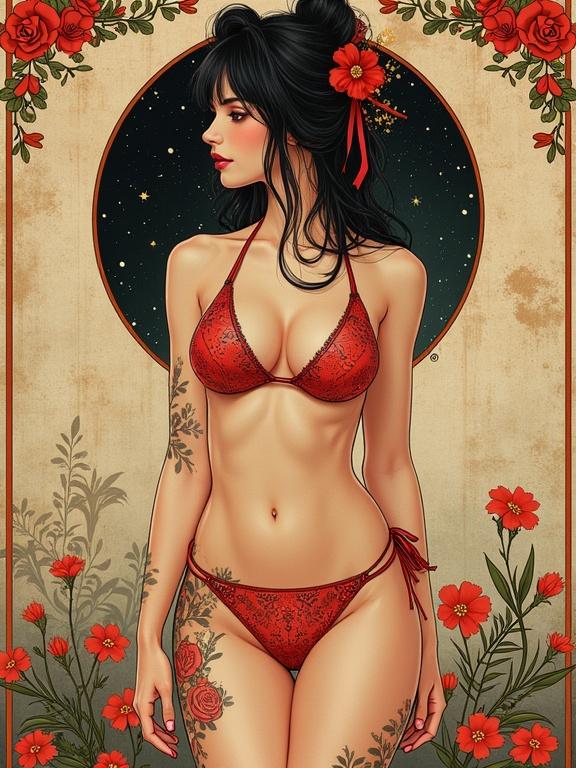A character in a red bikini with tattoos. The setting has floral elements and a mystical background. The design reflects a mix of Bollywood and art nouveau styles.