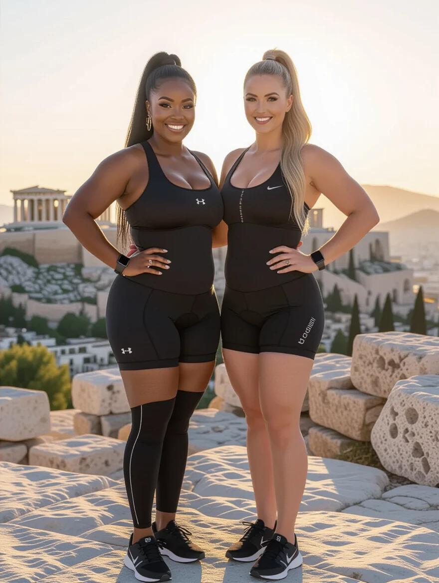 Two tall women cyclists with distinct skin tones embrace in athletic poses. One woman has a black ponytail; the other has blonde hair. Both wear fitted black cycling outfits. They stand in front of the Acropolis at sunset. Their hourglass figures and full hips are highlighted by the sunset light.