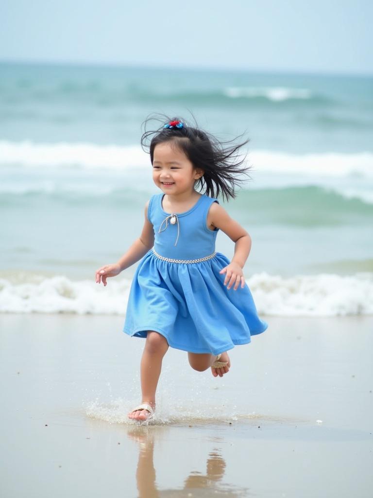 Young girl wearing a blue dress runs joyfully on the beach. The girl splashes in the shallow water. Waves crash gently in the background. Bright natural lighting creates a cheerful atmosphere.