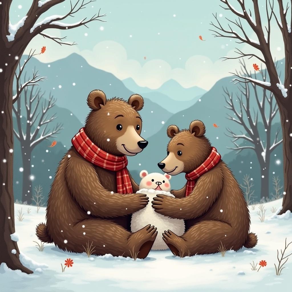 Illustration of Mama and Papa bear taking care of their newborn baby bear. Snow covers the ground. Mountains are visible in the background. Bears wear red scarves. Snowflakes fall gently.