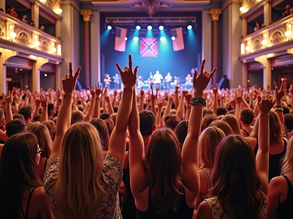 The image depicts a lively concert setting filled with a large crowd of enthusiastic fans. Many people are raising their hands in excitement, some making rock on signs with their fingers. The audience is predominantly female, showcasing a variety of stylish outfits, including floral and denim attire. In the background, we can see a finely decorated theater with high ceilings and ornate details. Several flags, including a Confederate flag and an American flag, are visible, creating a patriotic atmosphere. The lighting is vibrant and energizing, contributing to the event's thrilling vibe.