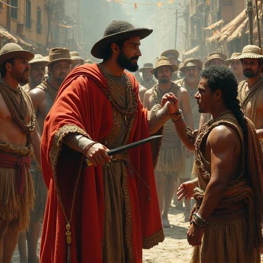 Scene depicting Christopher Columbus with a group of indigenous people in a tense standoff, historical attire, dramatic expressions, action-oriented atmosphere.