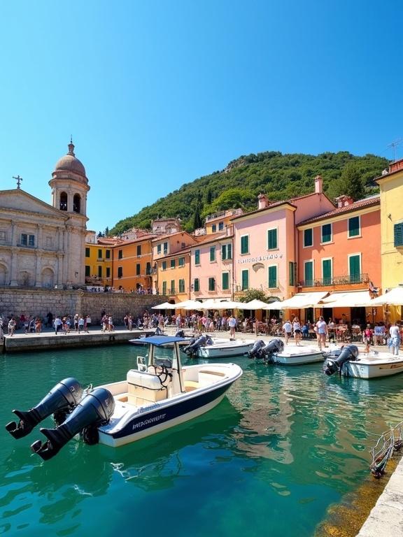 Photograph showcases a small coastal town under clear blue skies. Features colorful pastel buildings in shades of pink, yellow, orange, and beige. Boats with visible Yamaha outboard motors are docked in calm turquoise water. People stroll along the waterfront beside a small stone pier on the left. A green hill rises in the background, and a small church with a dome is visible on the left side. The scene conveys a charming, picturesque tourist vibe with bright sunlight illuminating the landscape and slight reflections on the water.