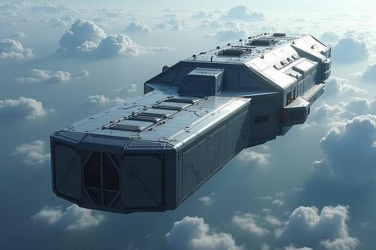 Create an image of a cinematic sci-fi long grey rectangular detailed textured blocky bevel sleek specular military ship with small blue engines in the troposphere. Emphasize realism, details, shadows, textures, in high definition.