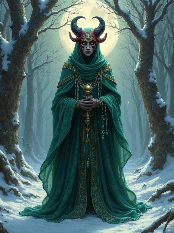 Digital painting of a mysterious figure in a snow-covered forest. Figure surrounded by snow-covered ancient trees. Figure wears flowing emerald green robes with gold designs. Figure holds a golden orb and is adorned with turquoise tassels. A crimson and white mask with curling horns conceals the face. Ethereal moonlight shines down, creating long shadows.