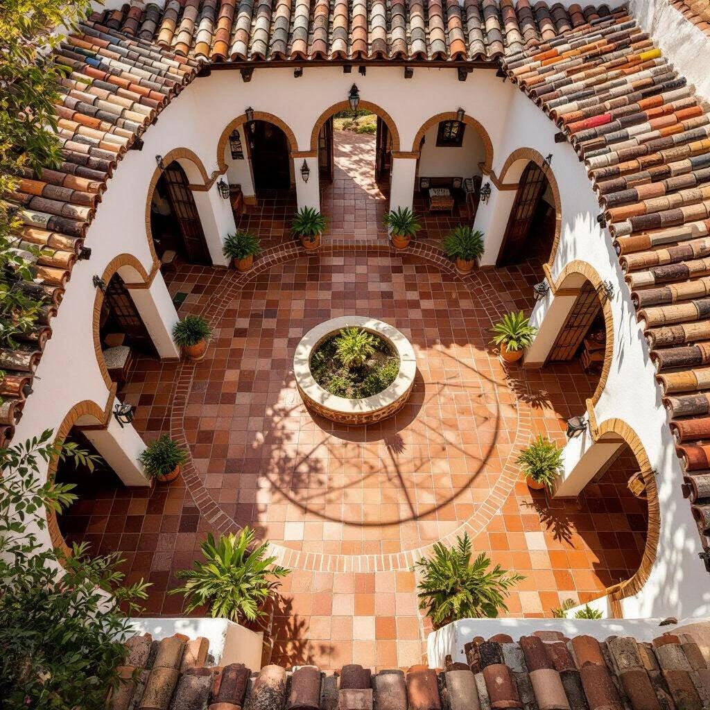Aerial view of a traditional Mexican hacienda house. Central open-air circular patio without shade. Ring-shaped mesh shade around the perimeter. Rustic terracotta tile flooring. White stucco walls with arched doorways. Bright sunlight emphasizes the differences in light and shade. Circular architectural layout surrounding the open space.