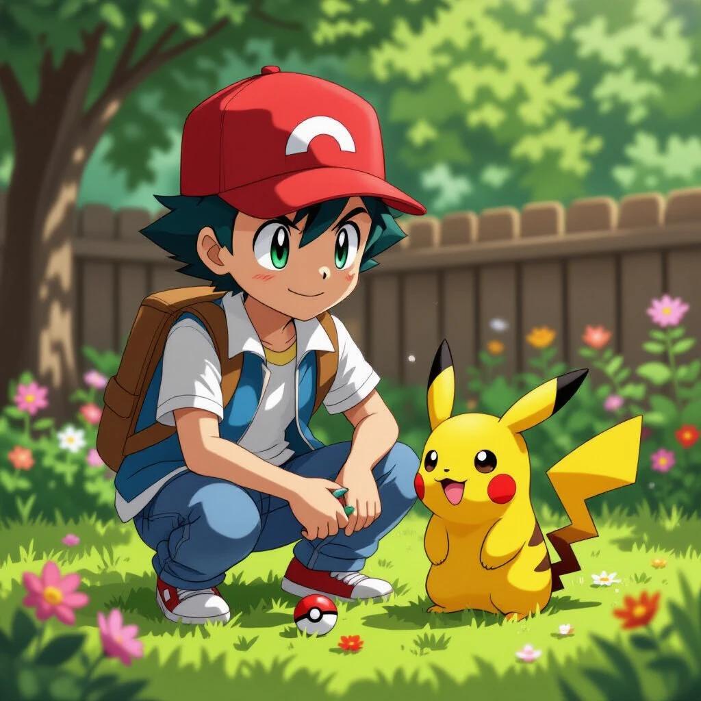 Ash Ketchum interacts with Pikachu in a vibrant garden. Both characters exhibit joy and friendship. The garden is filled with flowers. Ash is wearing a cap and backpack. Illustrative style with detailed background and characters. Pikachu is expressive and playful.