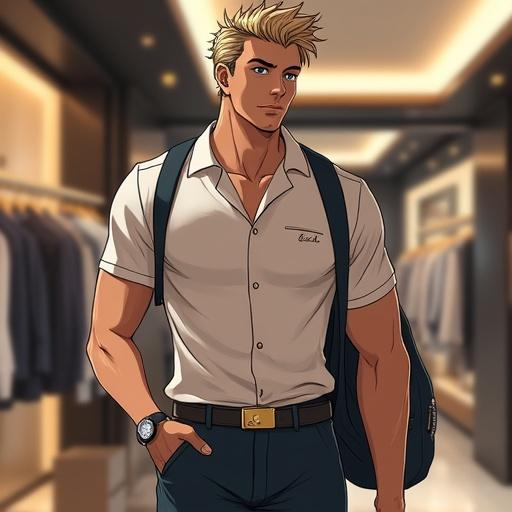 Anime character in a modern boutique. Male, 28 years old, light brown spiky hair, wearing expensive polo shirt. Inside stylish clothing store. Calm expression. Silver eyes. Shopping experience.