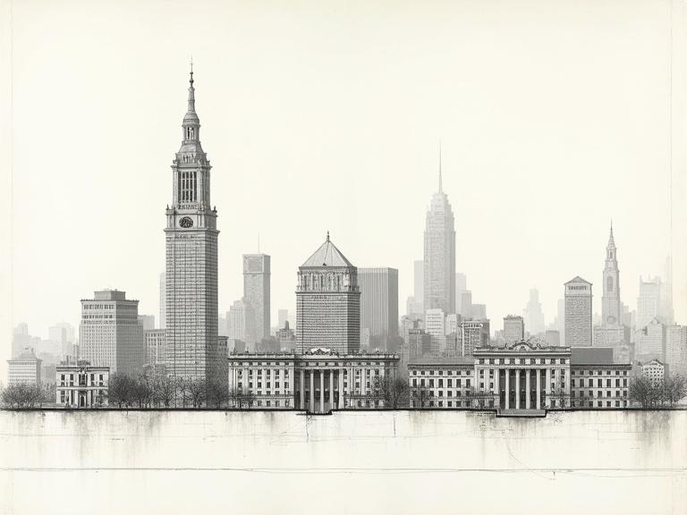 Architectural depiction of the city of Philadelphia showcasing elevation and section view of buildings
