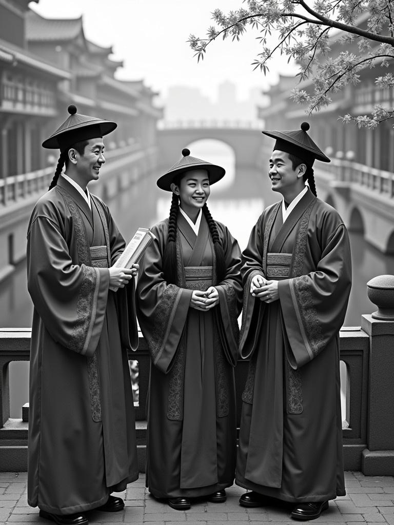 Photograph of three scholars from Qing Dynasty. Setting is peaceful and represents 19th-century Shanghai. Scholars wear traditional hats and have braided queues. One scholar holds a bamboo scroll, another a fan, and the youngest one holds a teacup with a smile. Background features shikumen buildings and stone bridges with greenery and blossoms.