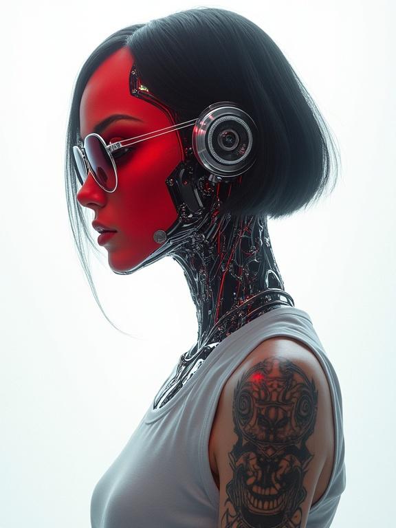 Full body portrait of android from the side. Features cybernetic implants and biomechanical parts. Wearing reflective mirror glasses and casual outfit with tattoos. Displays emotionless expression. Eyeshadow in crimson hue. Red mask covers nose to neck. Short bob haircut frames synthetic face. Background features white void with holographic overlays. Soft clinical lighting highlights_features. Blend of multiple art styles with detailed anatomy.