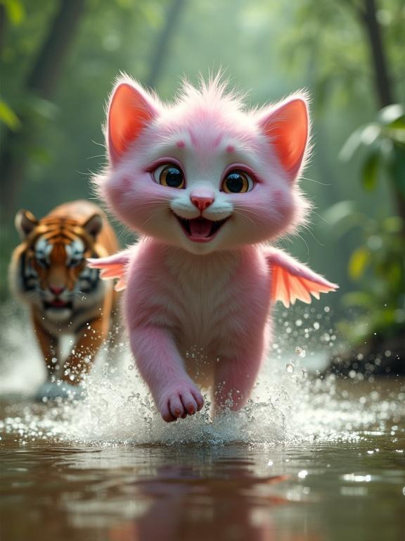 Fluffy anthropomorphic kitten with pastel pink and lavender fur. Oversized Pixar-style head. Carries human baby in small wings. Sprinting through shallow jungle water. Massive tiger chases behind. Growling tiger. Water splashes. Forest motion blur adds urgency.