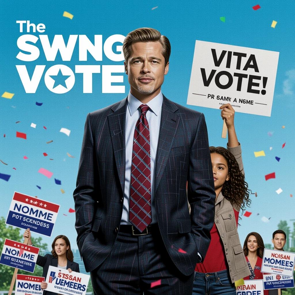 Movie poster for 'The Swing Vote'. Features Brad Pitt in a suit, Yara Shahidi with a protest sign. Background includes falling confetti and campaign signs. Bright colors and playful style.