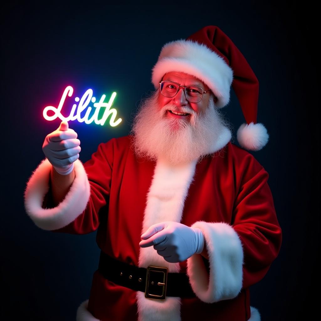 This image features Santa Claus dressed in a traditional red and white suit. He holds a glow stick that creatively spells out the name 'Lilith' in vibrant rainbow colors. With a jolly expression, Santa radiates warmth and cheer, embodying the essence of the holiday season. The dark background accentuates the glow of the colorful text, creating a mesmerizing festive atmosphere. This delightful scene celebrates the joy and magic of Christmas.